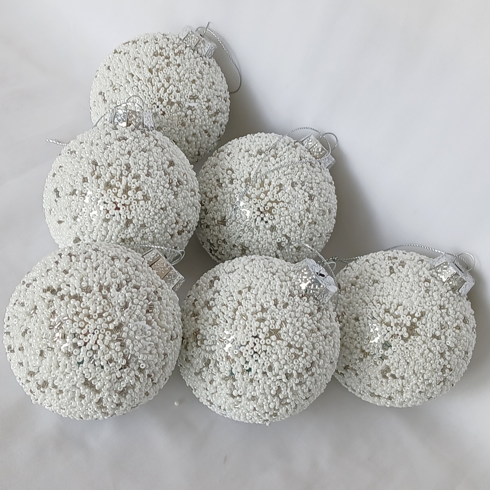 Set of 6 White & Silver Glass Beaded 3.15" Christmas Tree Ornaments